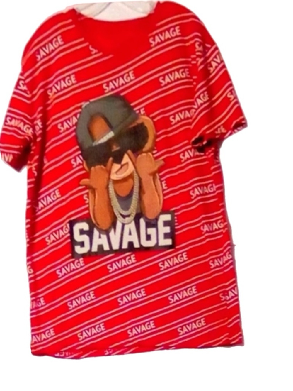 SAVAGE Bear Graphic Striped T-Shirt XL Red White Crackle Print